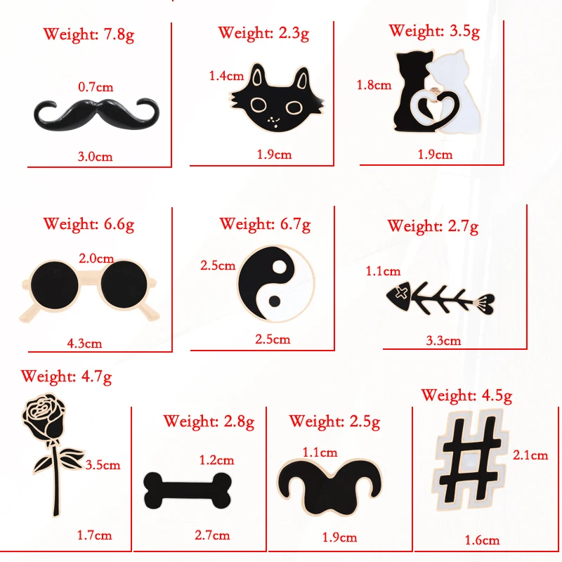 Series Cat Beard Bones Glasses Rose Tai Chi Badge Pines Lapel Shirt Accessories Jewelry  Pin Brooch Fashion 11 Style Black