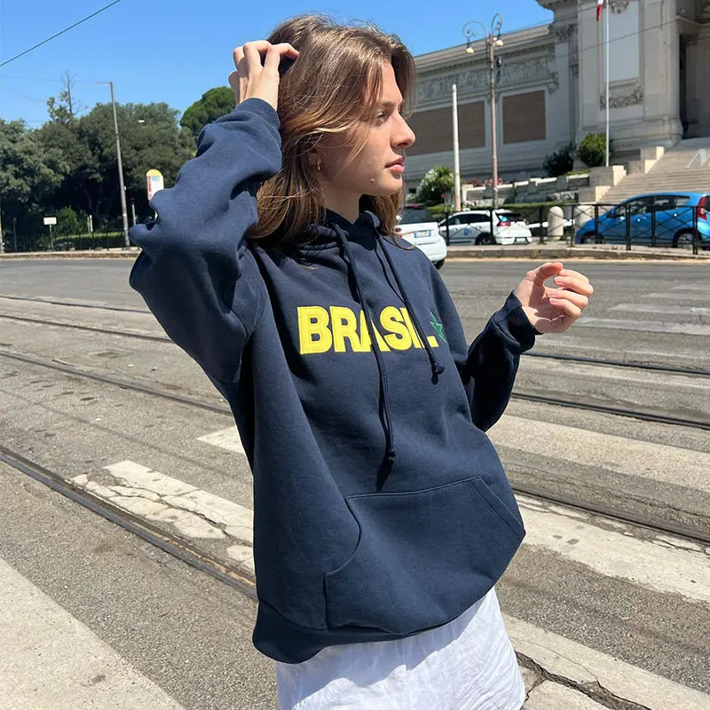 Brazil Letters Print Women Loose Hoodies Fashion Creativity Commute Pullover Y2k Clothing Street Vintage Long Sleeve Sweatshirts