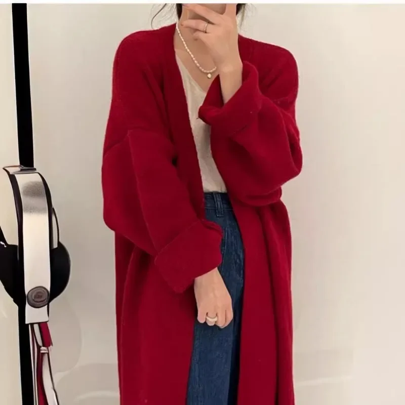 Lazy Style Long Sweater Jacket Women's Autumn and Winter Thickened Korean Version of Loose Long-Sleeved Knit Cardigan