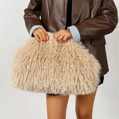 Women's Y2K Hot Pink Shaggy Faux Fur Clutch Bag Oversized Fluffy Fringe Handbag for Rave Party Evening