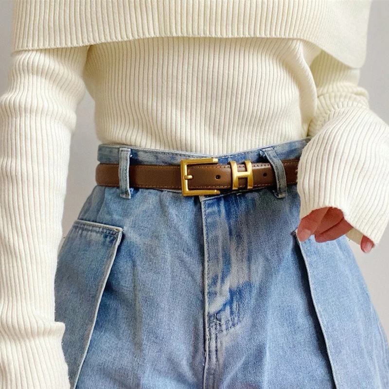 حزام نسائي صغير، معطف مزخرف جديد بإبزيم على شكل حرف I على شكل حرف H، حزام جينز عصري راقي