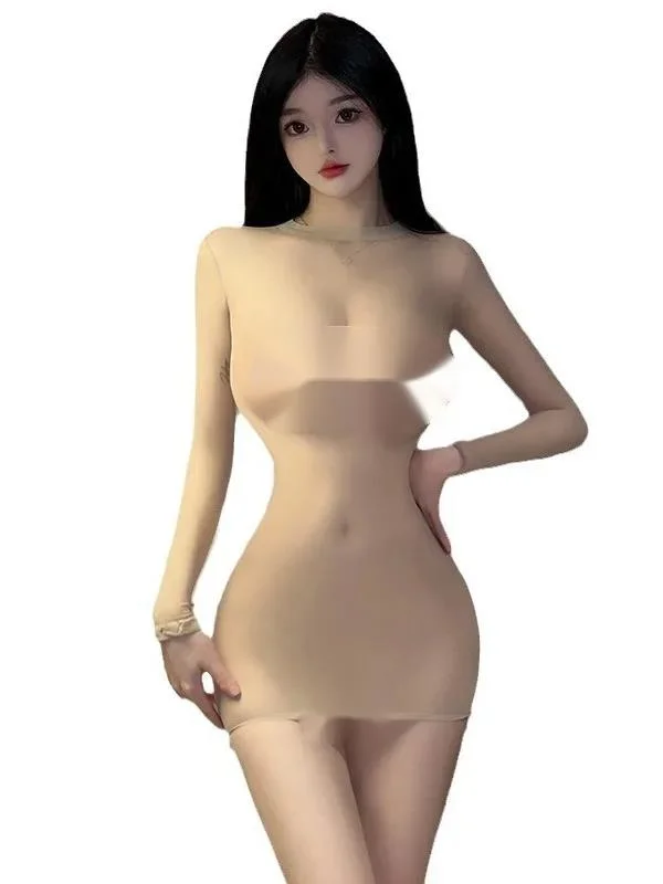 Koreański styl Sexy jednokolorowe jedwabne perspektywa przezroczysta torba z długim rękawem cienka siatka sukienka lato nowy modny ubrania P8EG