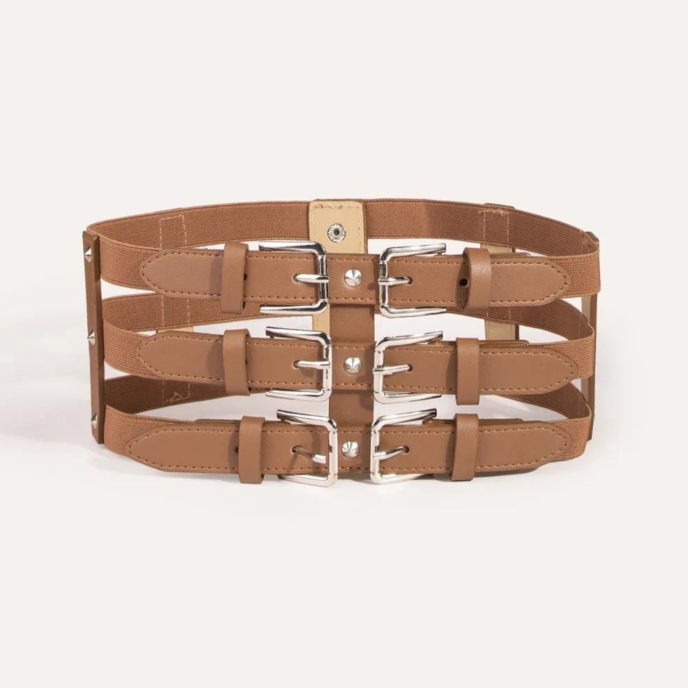 Fashion Three Row Buckle Waistband Belt Wide Punk Style Elastic Waist Belt Versatile Slim Fit Women's Waist Belt for Women