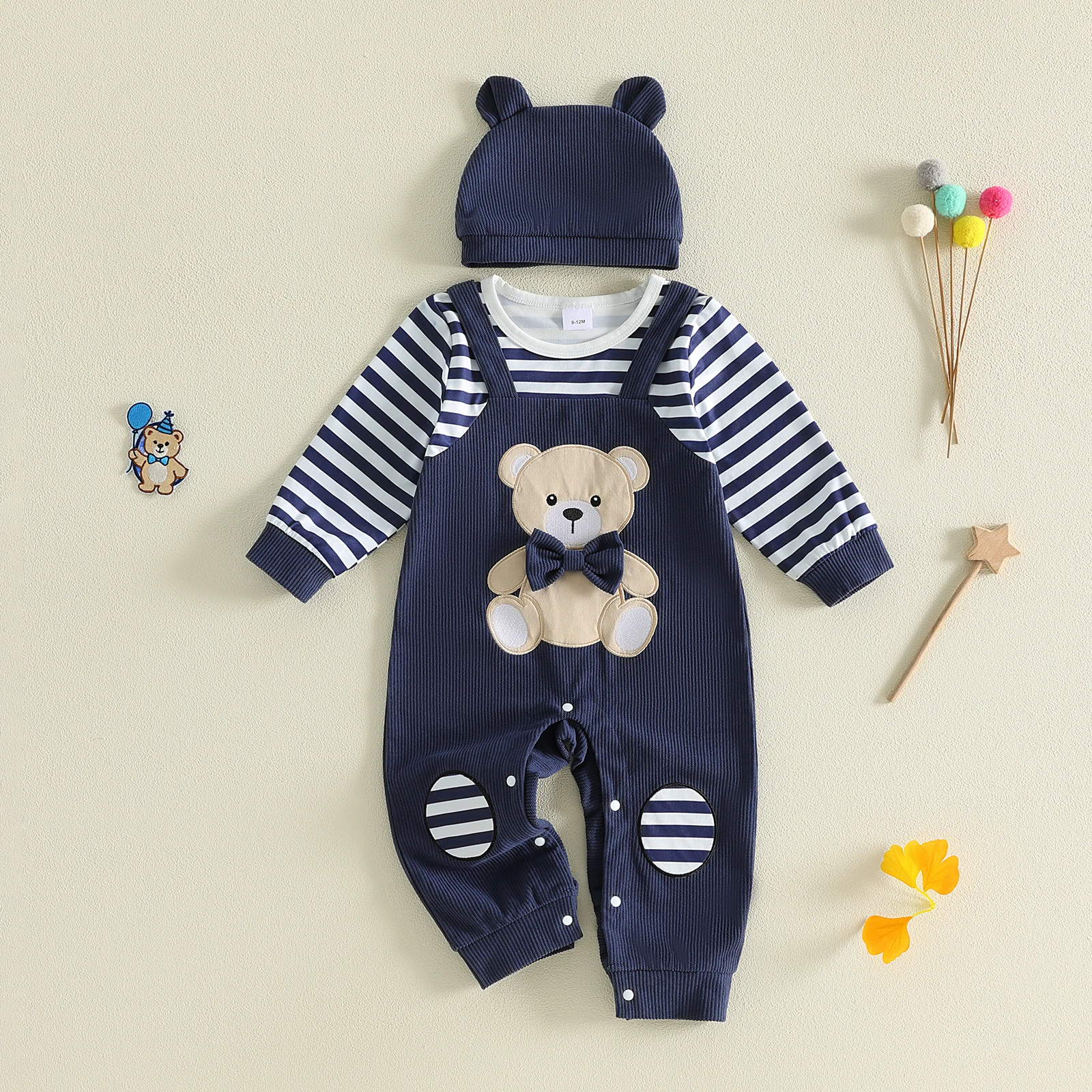 Baby Boy Fall Romper Stripe Print Bear Embroidery Crew Neck Long Sleeve Fake Two-Pieces Jumpsuit Infant Bodysuits with Hat