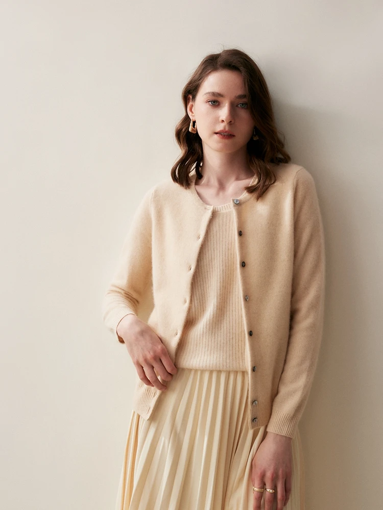 

New Autumn Winter Women's O-Neck Button Cardigan 100% Cashmere Sweater Soft Solid Color Grace Long Sleeves Knitting Tops