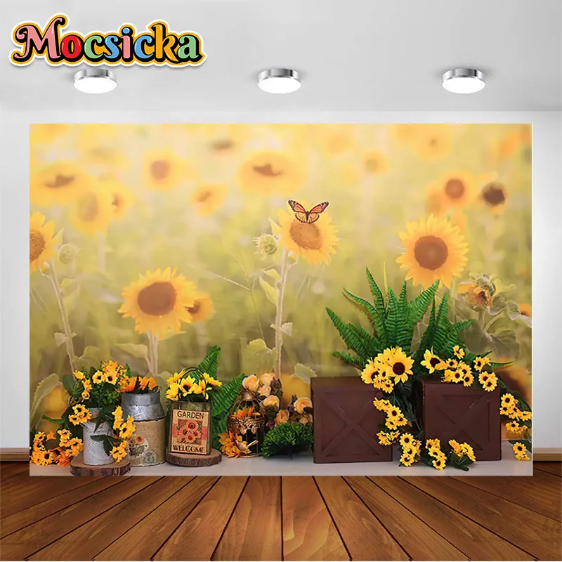 

Sunflower Photography Backgrounds Sunflower Butterfly Wooden Boxes Decor Backdrop Professional Photography Studio Accessories