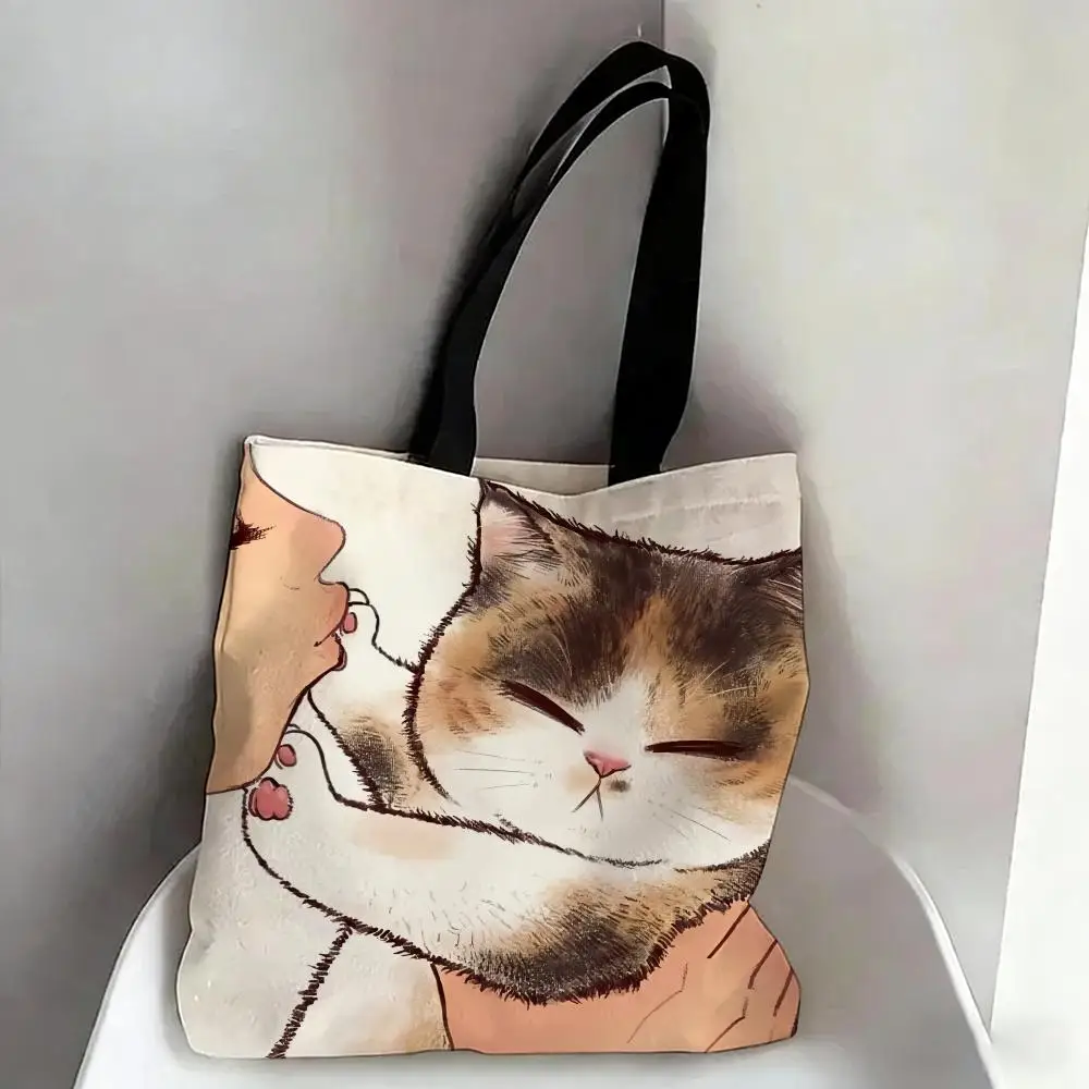 Funny Kissing the Cat Storage Bags Canvas Double-Sided Print Fashion Shoulder Tote Shopping Bag Gift Eco Handbags