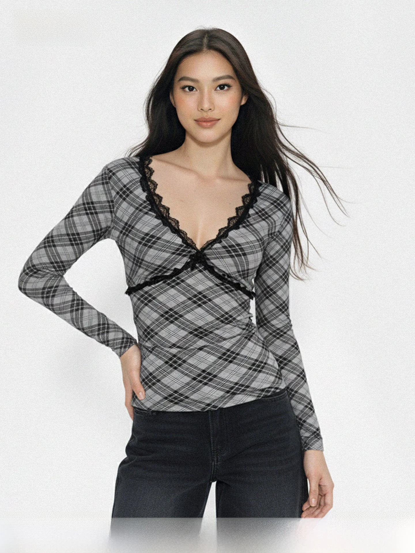 

Женская футболка WAEW в стиле ретро с цветным клетчатым узором, кружевом, длинным рукавом, глубоким V-образным вырезом, эластичная, облегающая, для весеннего сезона