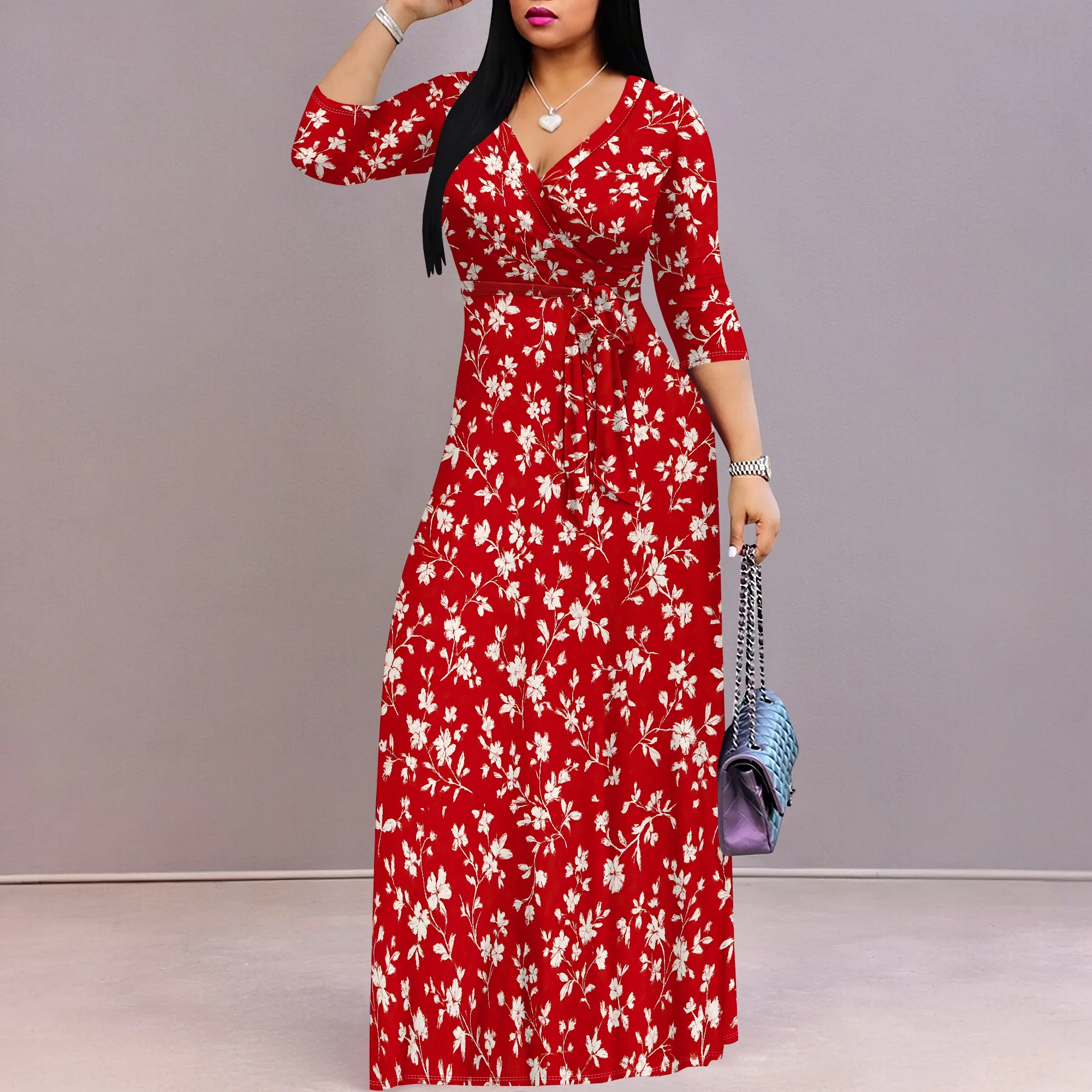 

Womens Sundress Summer Floral Short Sleeve Wrap V Neck A-Line Midi Dress