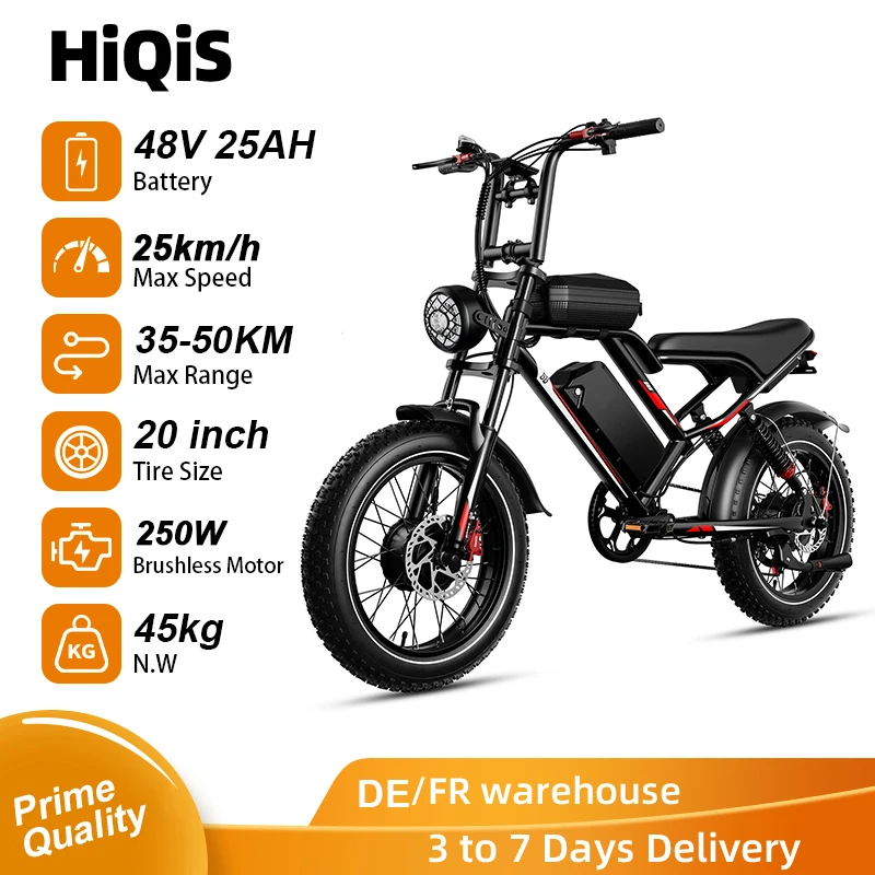 Vélo électrique HiQiS S8, moteur puissant 25 km/h, 48V 25Ah, double suspension, pneus larges 20 pouces, longue autonomie 50 km, vélo électrique pour adultes