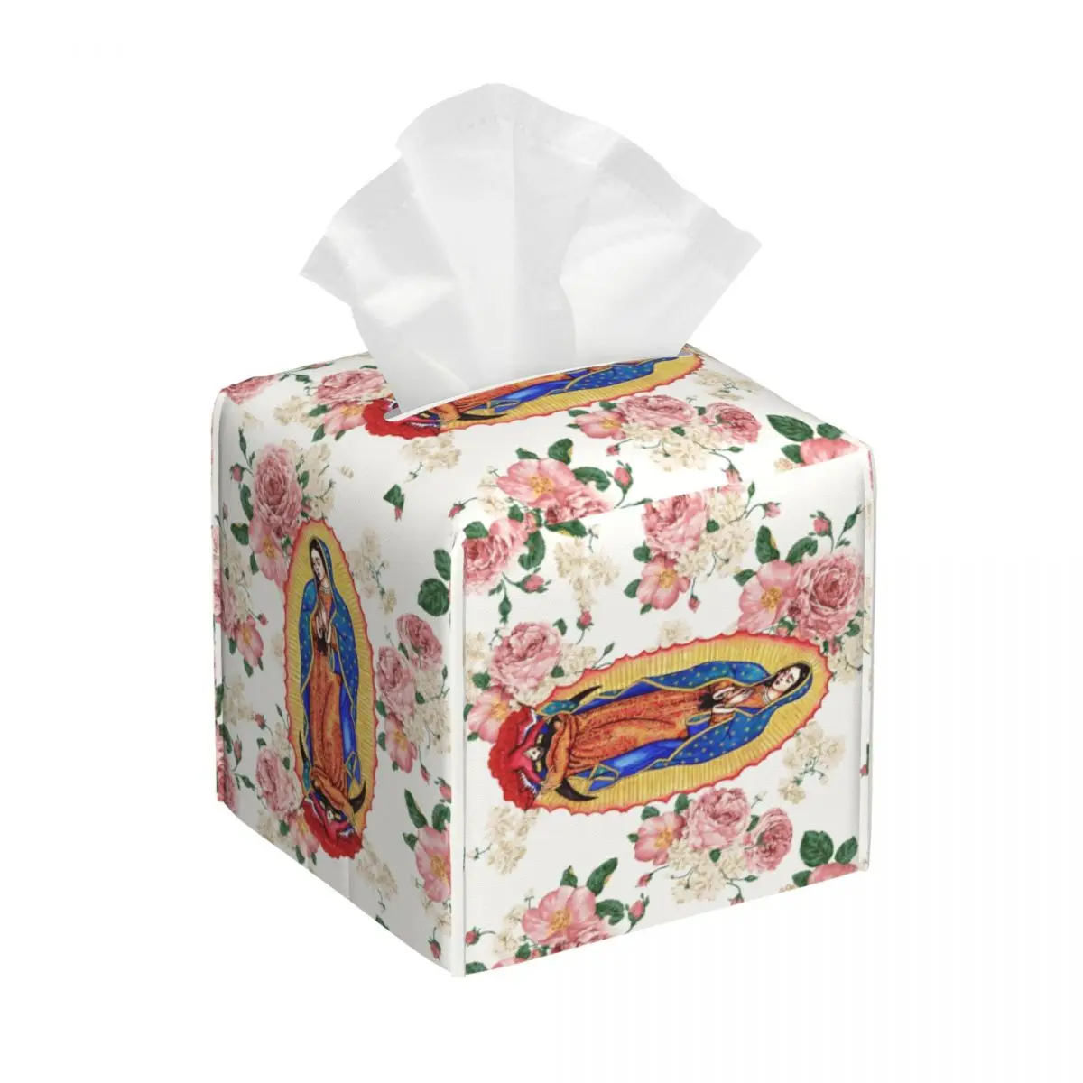 Custom Virgin Of Guadalupe Tissue Box Cover Square PU Leather Mexico Catholic Virgin Mary Facial Tissues Holder for Home