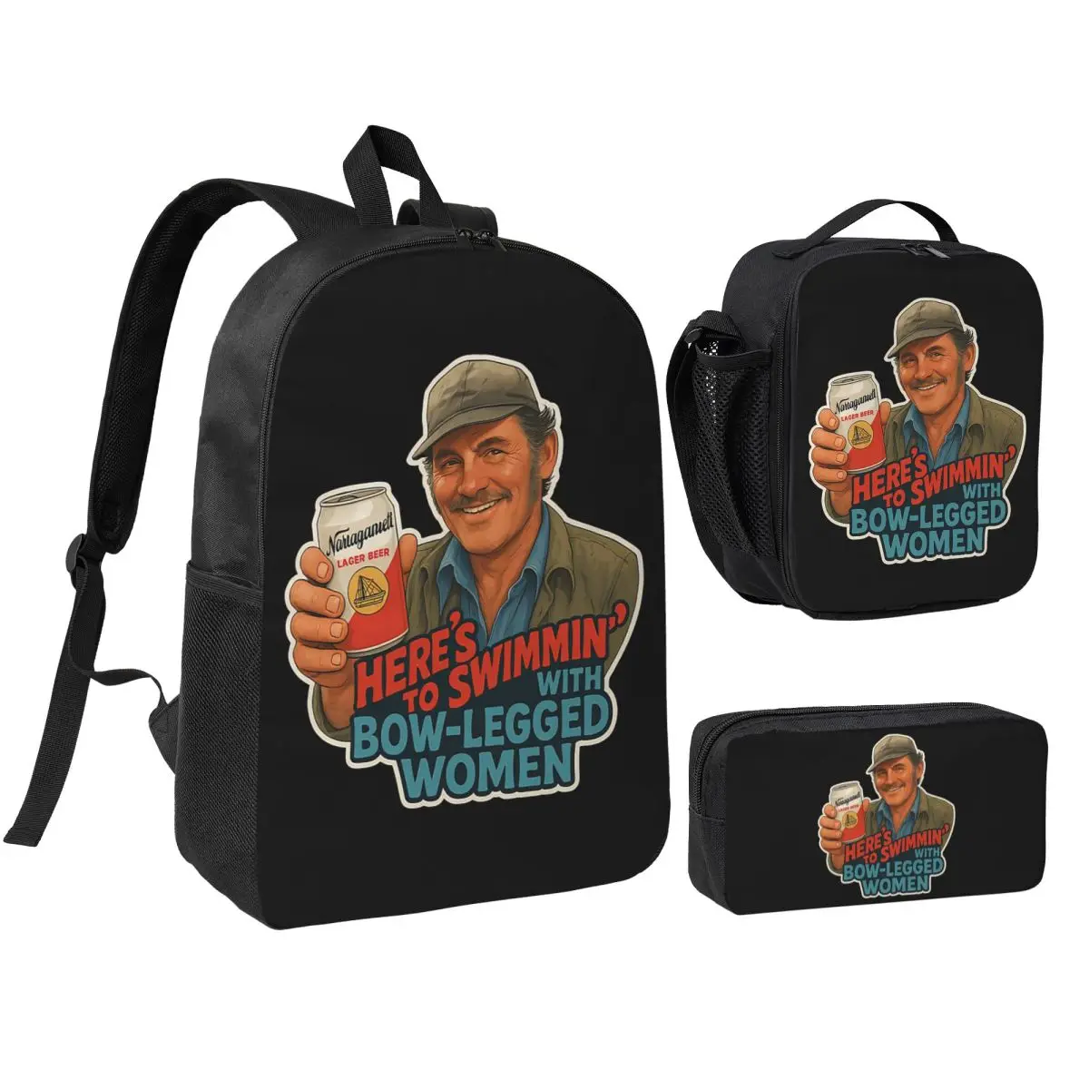Heres To Swimmin Quint Jaws Movie Quote Backpack Student BookBag School Bag Shoulder Bags 3ps Insulated Lunch Bag Pencil Case