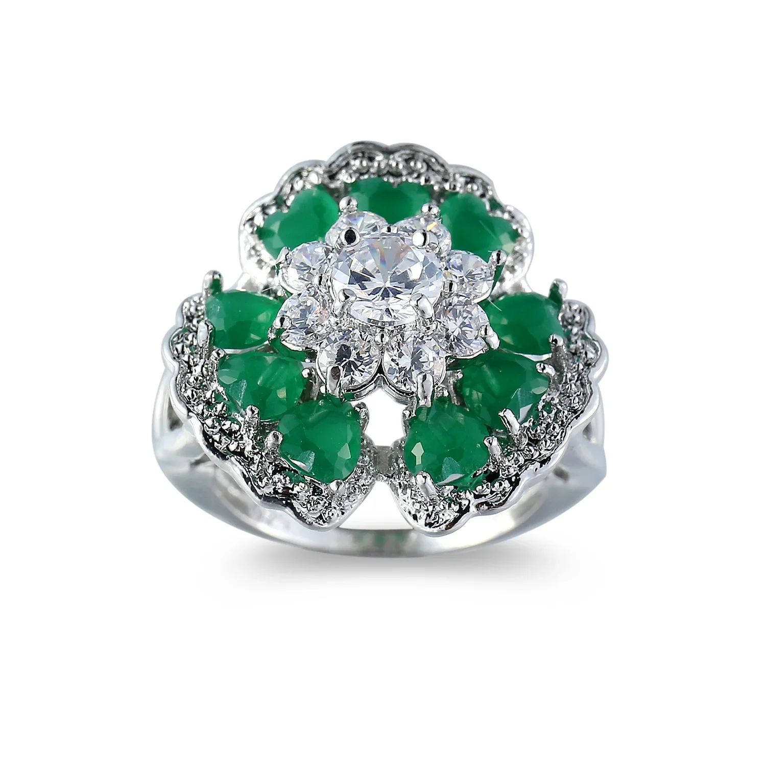 SODROV Vintage Green Zircon Jewelry Flower Shape Rings for Women