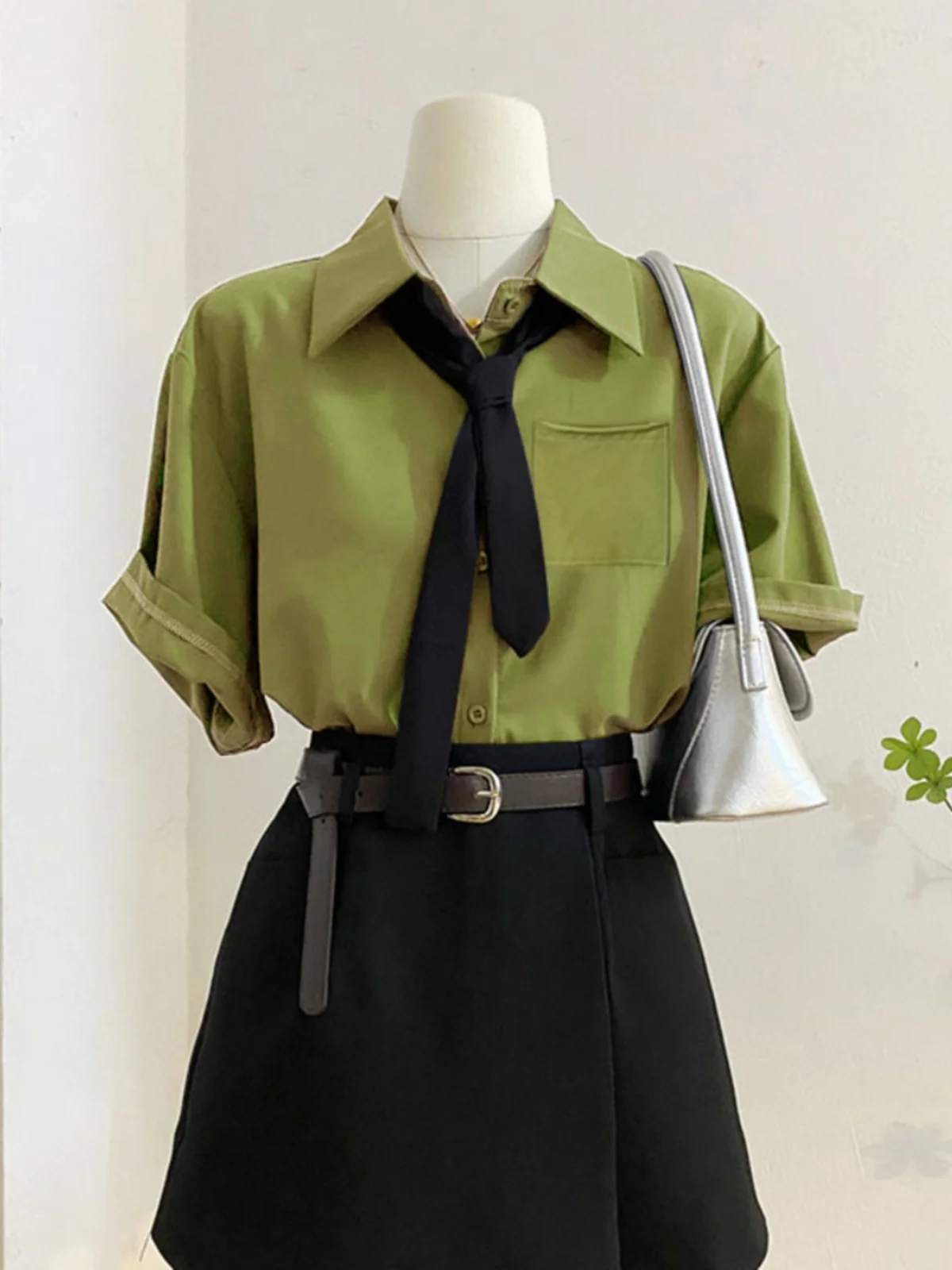

Avocado Green Irregular Hem Women Shirt Vintage Turn Down Collar Short Sleeve Lady Commuter Blouses Summer Female Tops