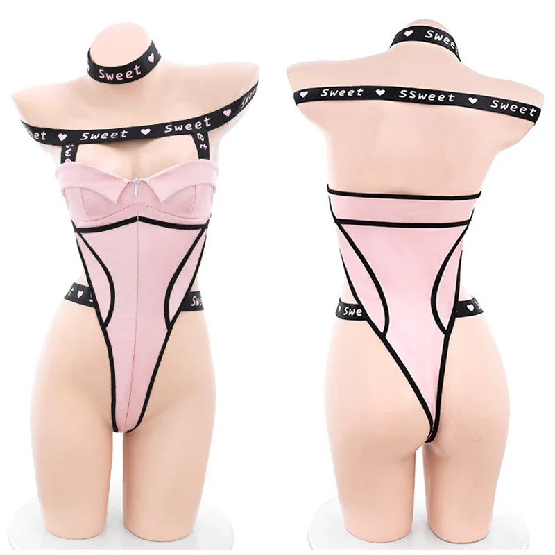 Anilv hot girl car model leather locomotive uniform costume women sweet pink strap hollow bodysuit short skirt cosplay