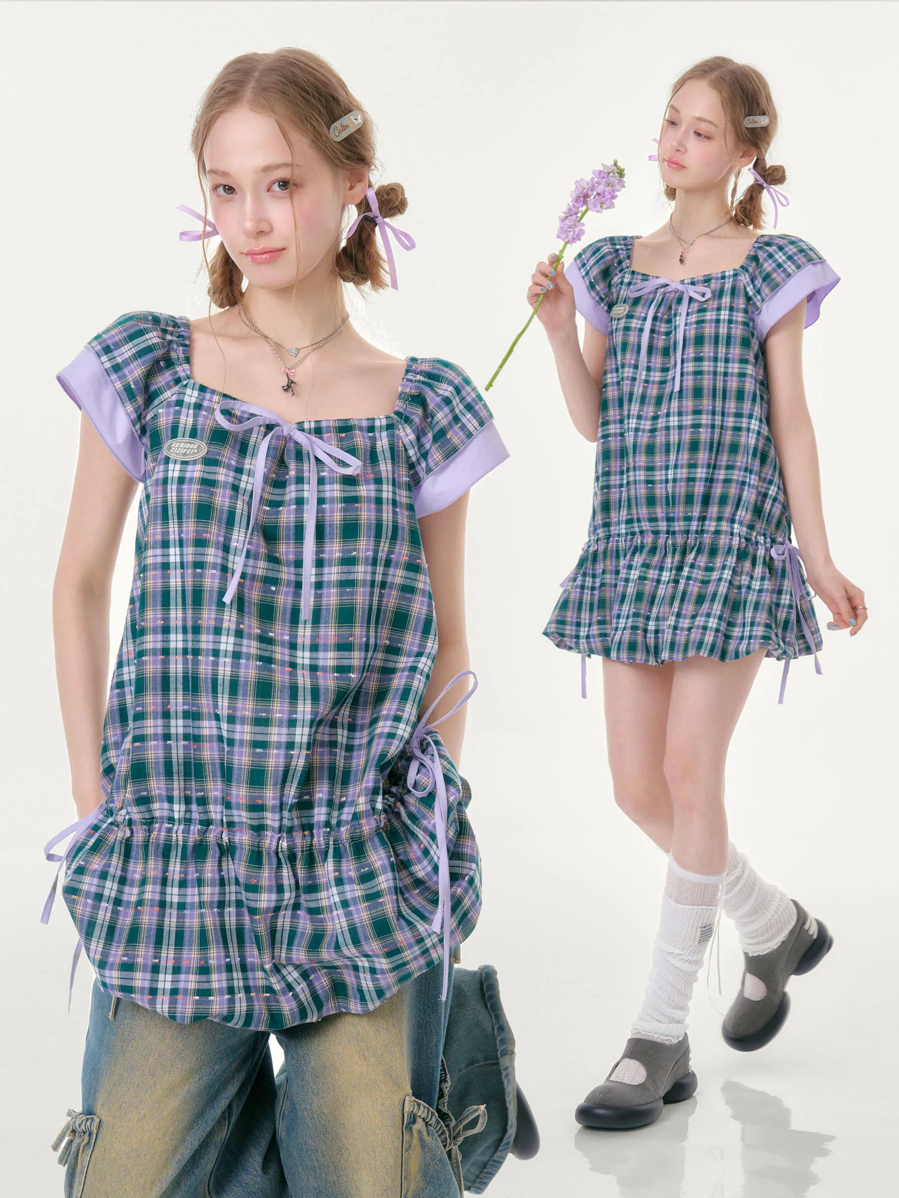 

ZiziFei Summer Plaid Dress Women's Drawstring Square Collar Waist Cinched Puff Sleeve Dress Retro Style Citywalk Wear