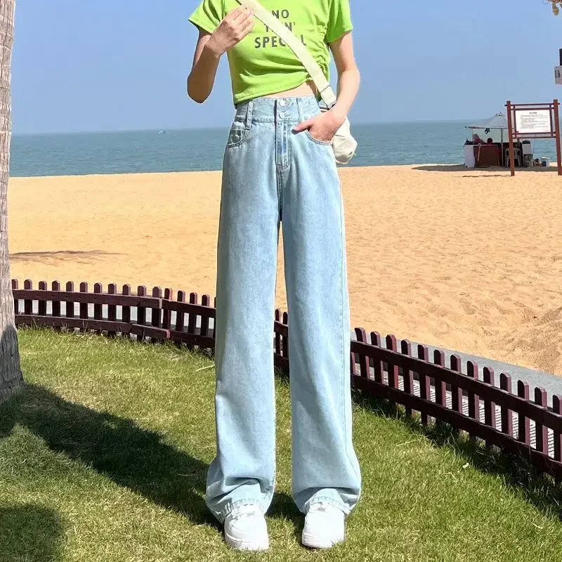 Damskie koreańskie jeansy z wysokim stanem, wiosenne nowe modne vintage Harajuku luźne jeansy białe spodnie czarne spodnie Y2k streetwear