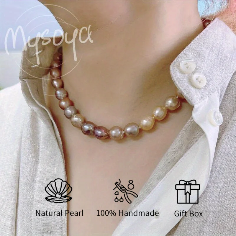

MYSOYA 10-12mm Purple Pink Baroque Pearl Necklace For Women Men Gift Box Perfect Gift For Wedding Birthday Christmas New Year