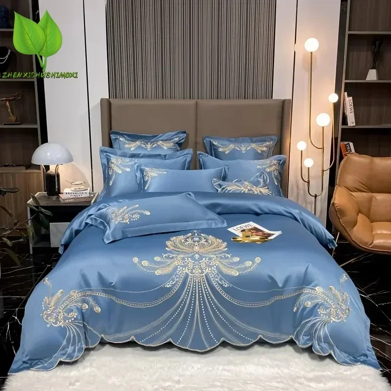 

4pcs Blue Luxury Gold Feather Embroidery Egyptian Cotton Champagne Patchwork Duvet Cover Bed Sheet Pillowcases Bedding Sets