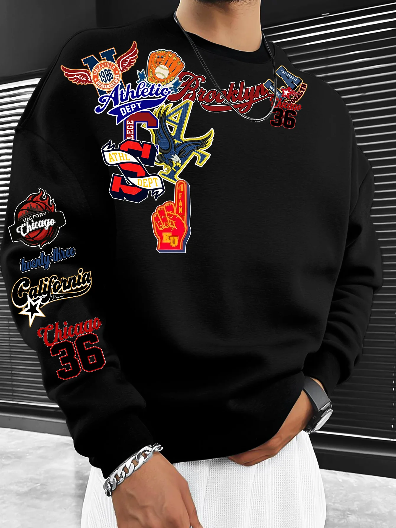 American Retro College Men Crew Neck Sweatshirt Multi Graphic Badge Print Polyester Daily Street Clothing S‑XXL