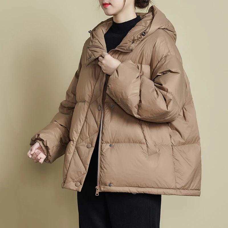 Schinteon Women 90% White Duck Down Jacket Loose Casual Over Size Winter Warm Thick Outwear High Quality with Hood Coat 2023 New