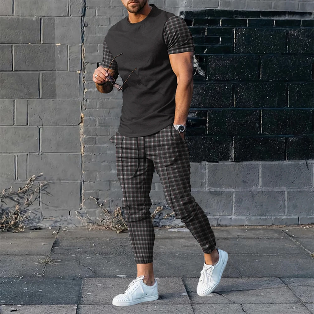 Summer Men  2Piece Casual Clothing Male Retro Style Sportswear 3D Printed T-Shirt Trousers Set Fashion Solid Color Tracksuit