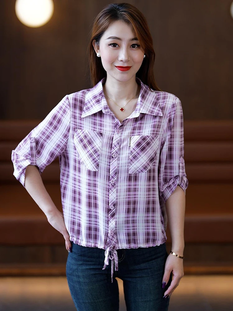 Faionable Plaid ort Sve irt Dames Herfst Nieuwe Sle Jeugdig Klein formaat Koreaanse versie Recht gesneden Ademend