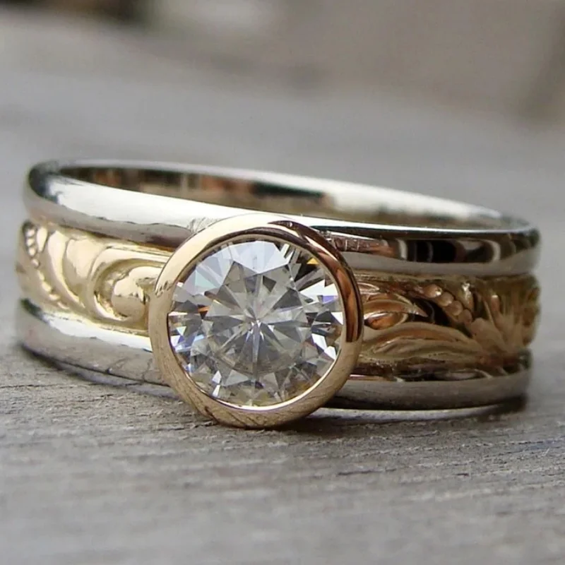 Women's Fashionable Carved Texture Ring Vintage Curly Grass Pattern Relief Inlay Cubic Zircon Ring Casual Jewelry Accessory