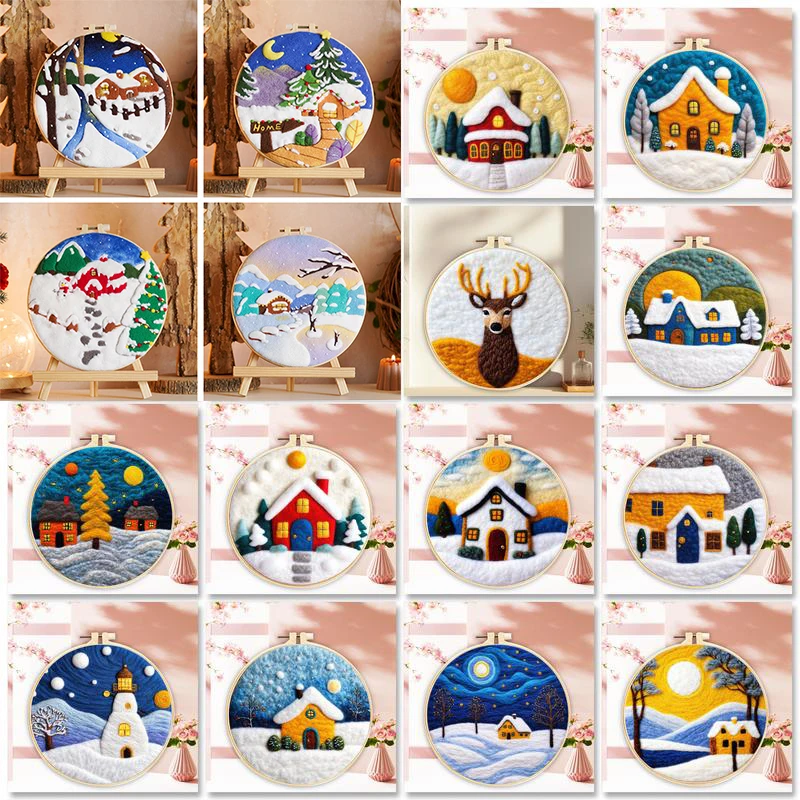 

GATYZTORY Wool Felting Painting Kit With Embroidery Kit Snow House Diy Felt Needle Wool Painting 20X20cm Frame For Friends Gift