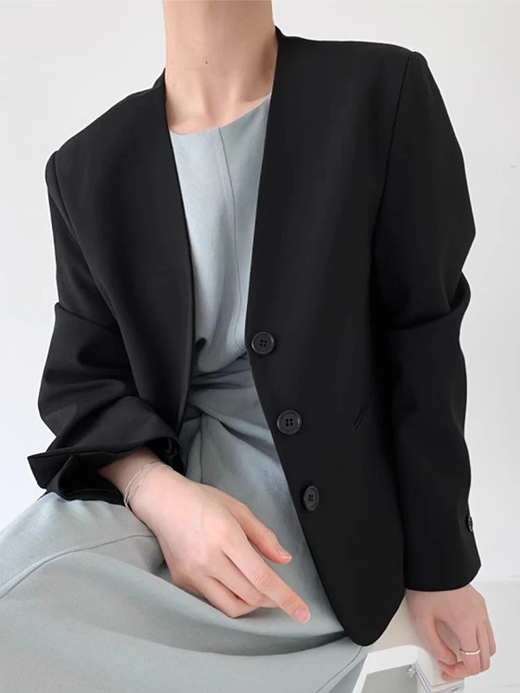 Chic Vintage V-Neck Single-Button Loose Casual Long Sleeve Suit Jacket Women's Fashion Commute Style Loose Fit Classic Color