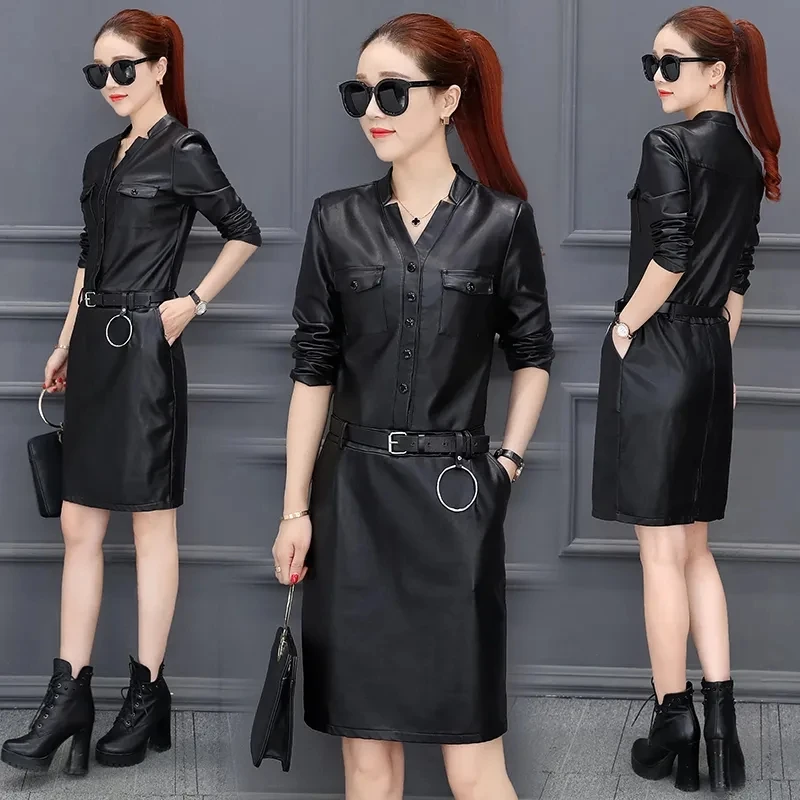 Women PU Leather Dress Female V-neck Mini Dresses 2022 Autumn Winter New Long Sleeve NO Velvet/Add Velvet Leather Vestidos 5XL