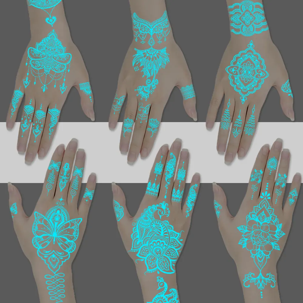 

Хна светящаяся белая водостойкая временная татуировка наклейка свадебная рука боди-арт большие поддельные татуировки женский праздничный макияж