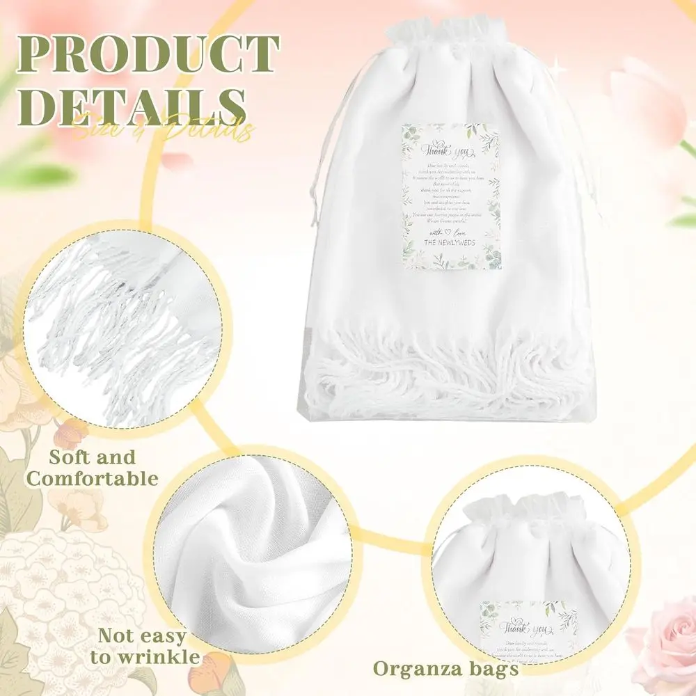 مجموعة شال أنيقة مع بطاقات كبيرة وحقيبة أورجانزا بيضاء لأوشحة الزفاف النسائية وأغطية وصيفات العروس ومفضلات الحفلات