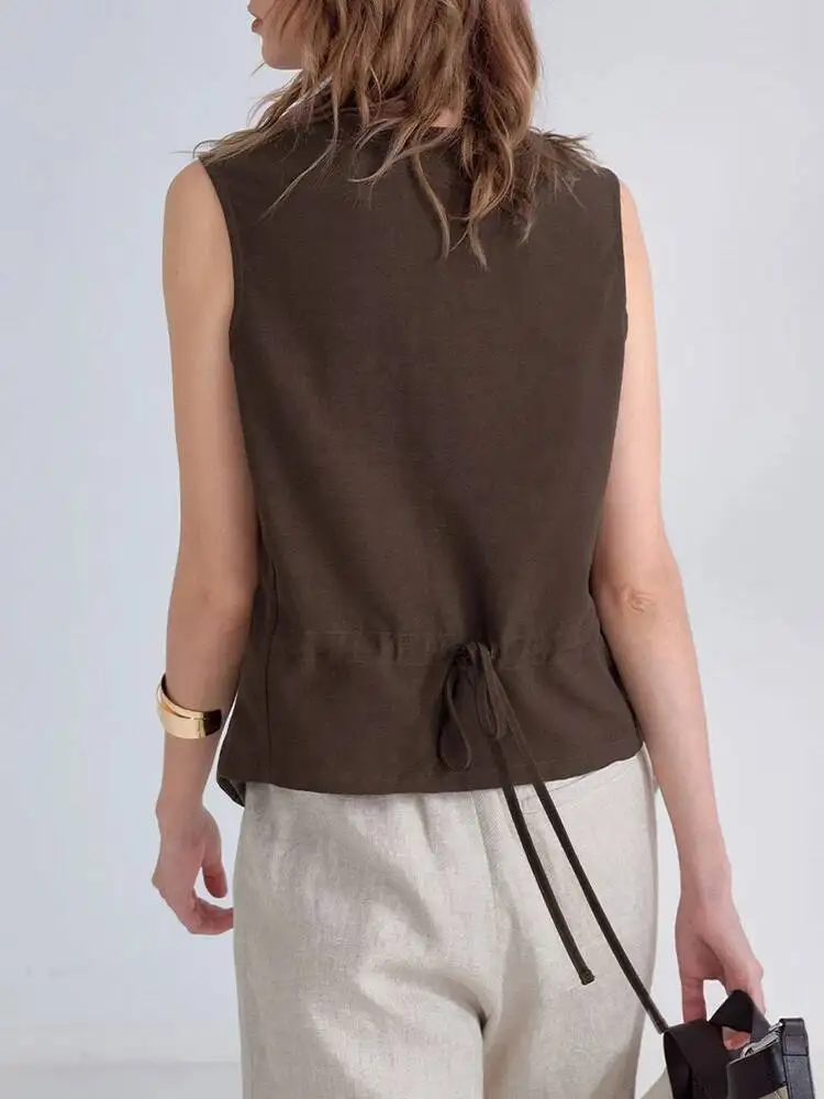 Women Coffee Back Bandage Linen Tank Tops New V-collar Sleeveless Personality Fashion Tide Spring Summer