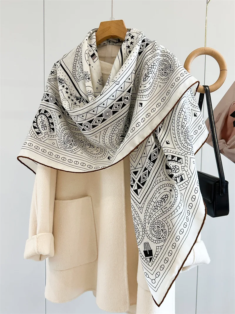 Wool Silk Scarf 135CMx135CM Luxury Winter Hand Rolled Shawls Women Warm Square Stole Blanket Christmas Valentine's Day gift