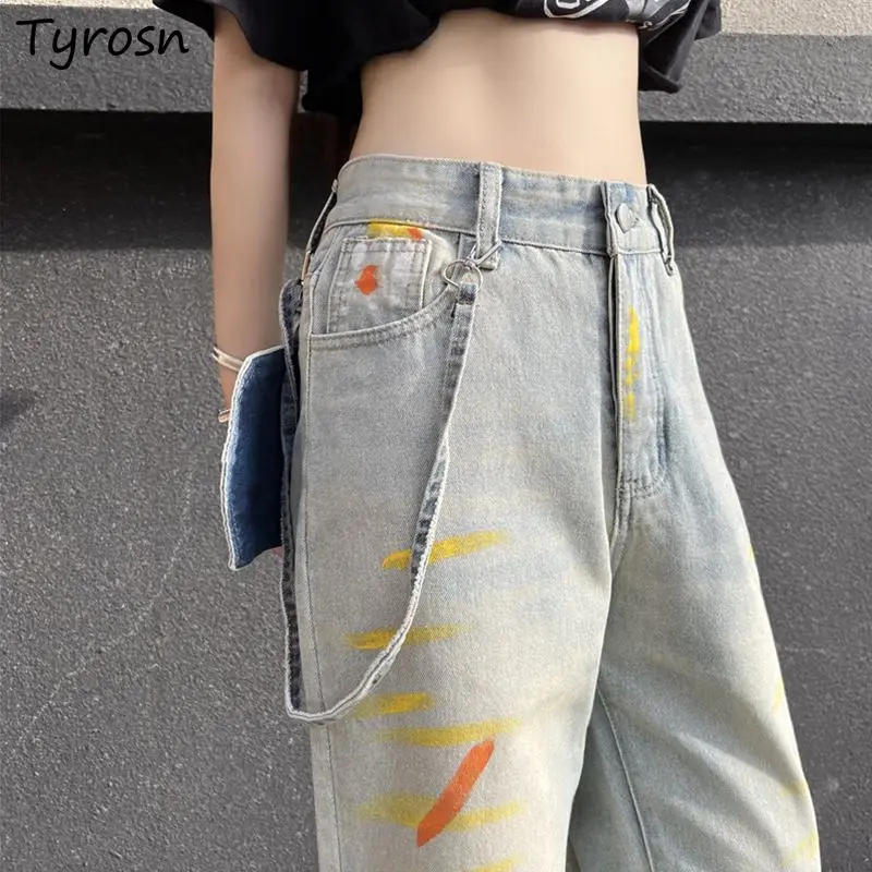 

Jeans for Women Vintage Painted Baggy Cool High Waist Personality Fashion Panelled Streetwear Loose Casual All-match Clothing