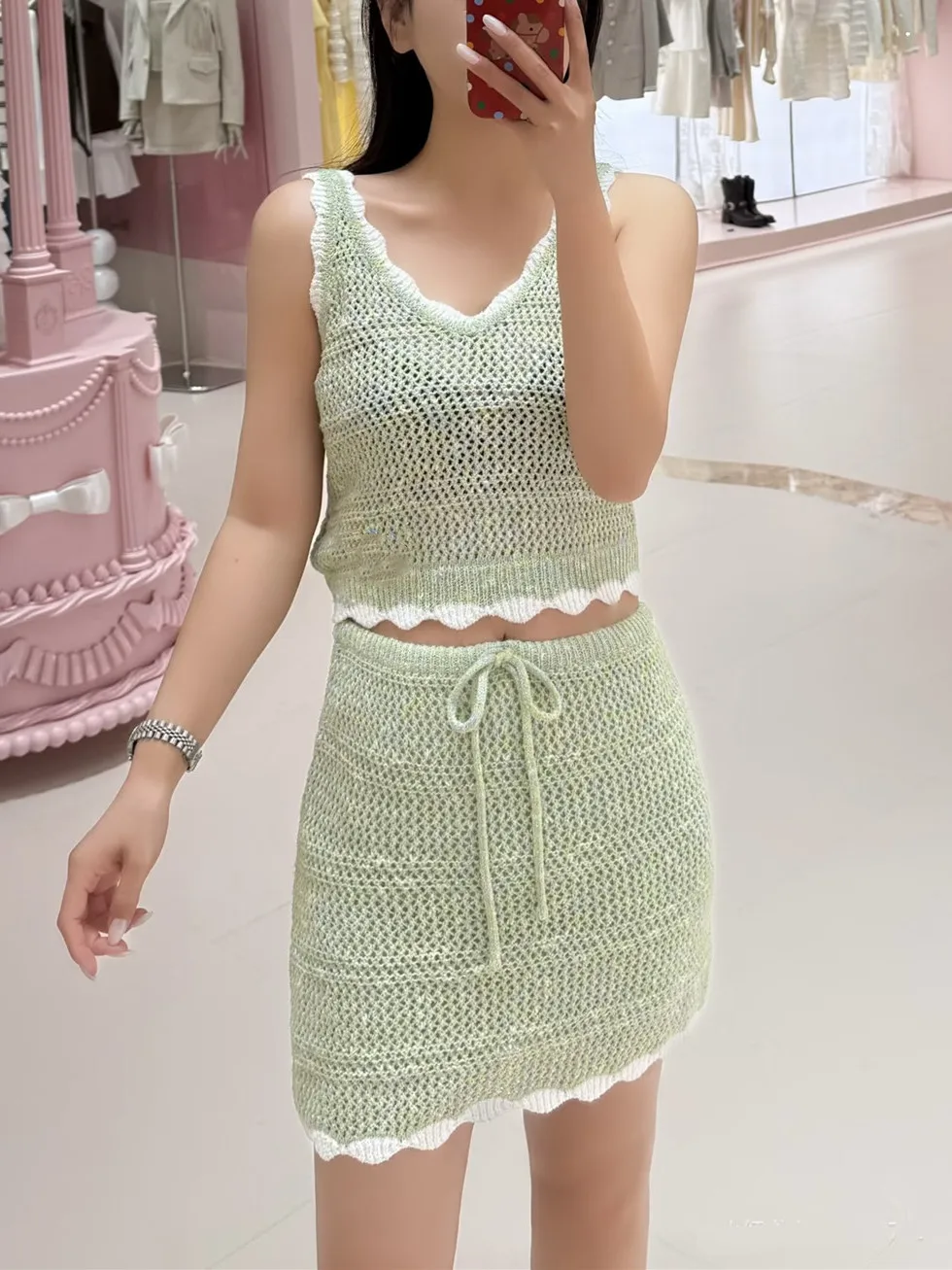Elegant European Style Spring Summer Ruffle Bead Color Block Sweet Knitted Cardigan Strap Top Half Skirt Set Women's Fashion