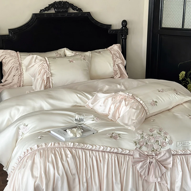Lyocell Cotton Princess Bow Bedding Sets Luxury Rose Flower Embroidery Duvet Coves Set Bed Sheet Pillowcases Home Textile