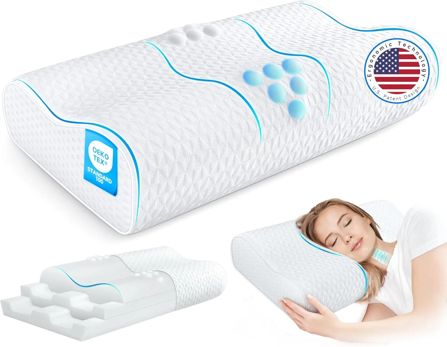 

Queen Size Cooling Memory Foam Pillow for Neck Pain Relief, Ergonomic Adjustable Contour for Side, Stomach & Back Sleepers