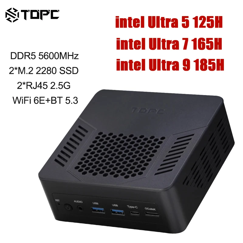 كمبيوتر ألعاب TOPC TR9 Mini Pc intel Ultra 5 125H/Ultra 7 165H/Ultra 9 185H PC WiFi6E BT5.3 DDR5 5600MHz 2280 NVME SSD Win11