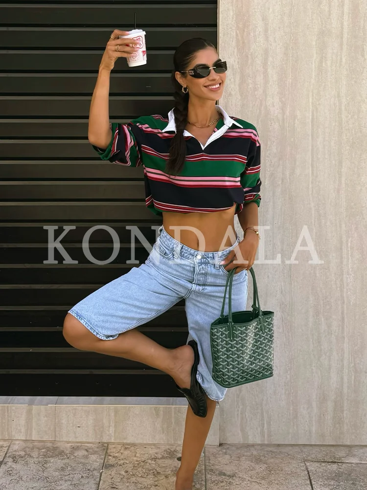 KONDALA Damen Herbst Casual Kontrast-Oberteile Elegante Schicke Langarm-Poloshirts 2026 Herbst Trendige High-Street Damen Gestreifte Oberteile – Detail 2