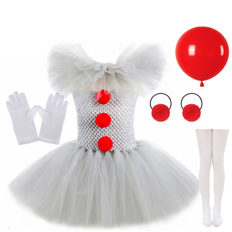 Halloween Bambini Ragazze Grigio ClownCostume Tutu Dress Spepy Clown Bambini Carnevale Festa Cosplay Abbigliamento Bambini Tulle Fancy Dress