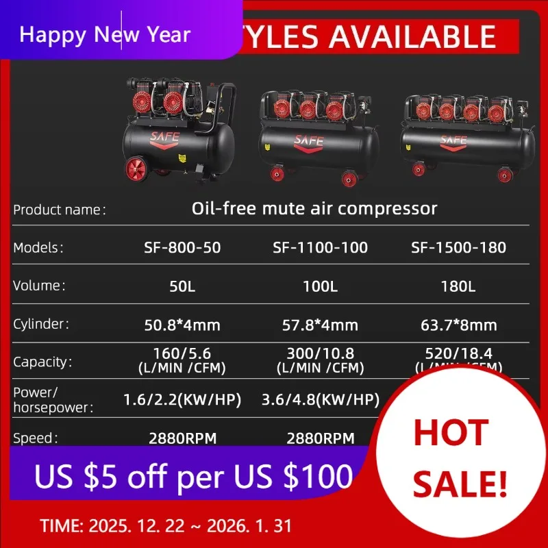 

Factory SAFE New Product Vertical 180L 1500w 2hp 8bar 520L/MIN Mobile Dantal Silent Oiless 220v 50hz Air Compressor