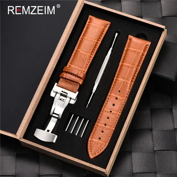 REMZEIM 진짜 가죽 시계 밴드 스트랩, 박스 포함, 송아지 가죽 시계 밴드, 시계 액세서리, 16mm, 17mm, 18mm, 19mm, 20mm, 21mm, 22mm, 23mm, 24mm 