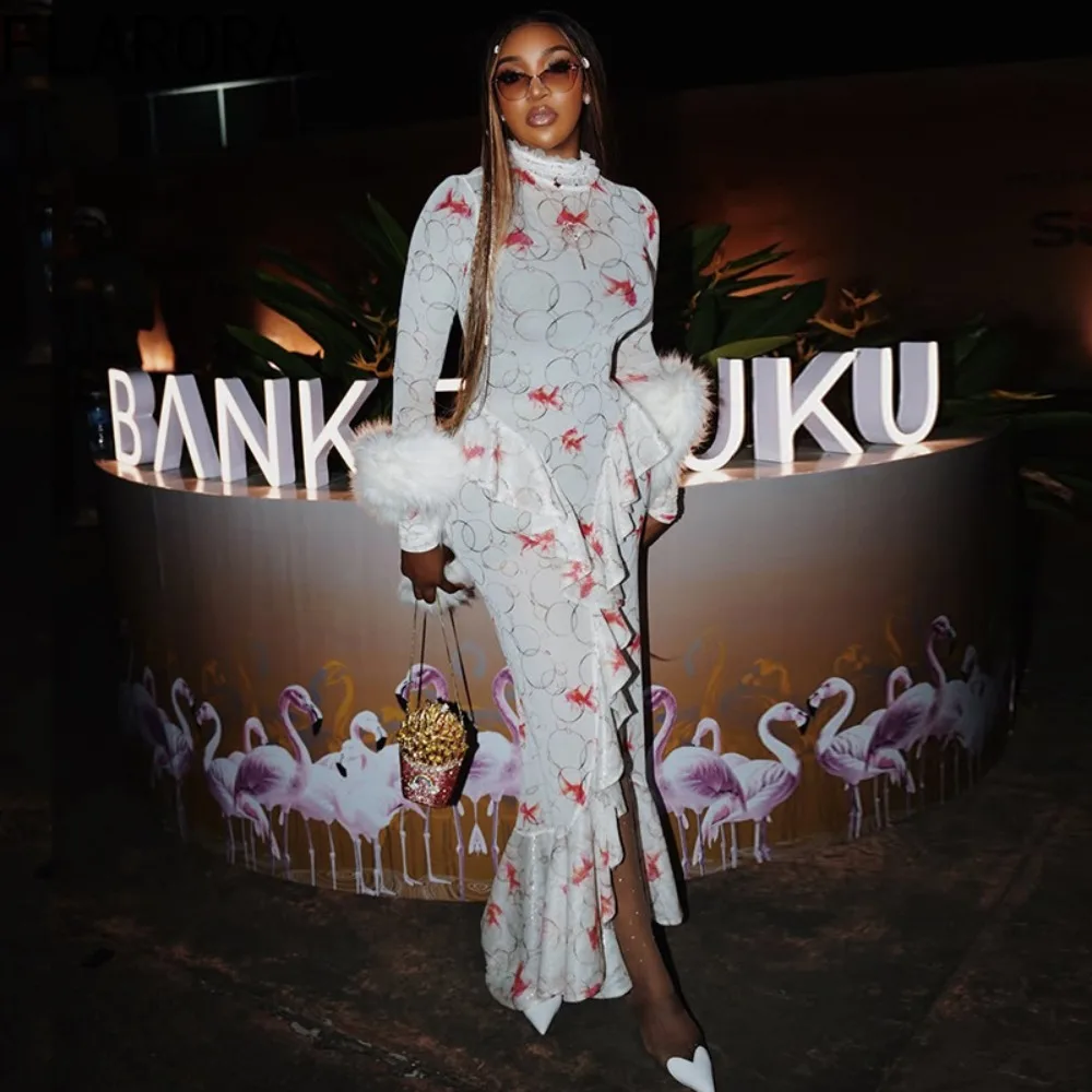 FLARORA – robe Maxi Sexy imprimé poisson rouge pour femme, col rond transparent, manches longues, fendue, froncée, hanche pêche, tenue élégante pour fête d'anniversaire