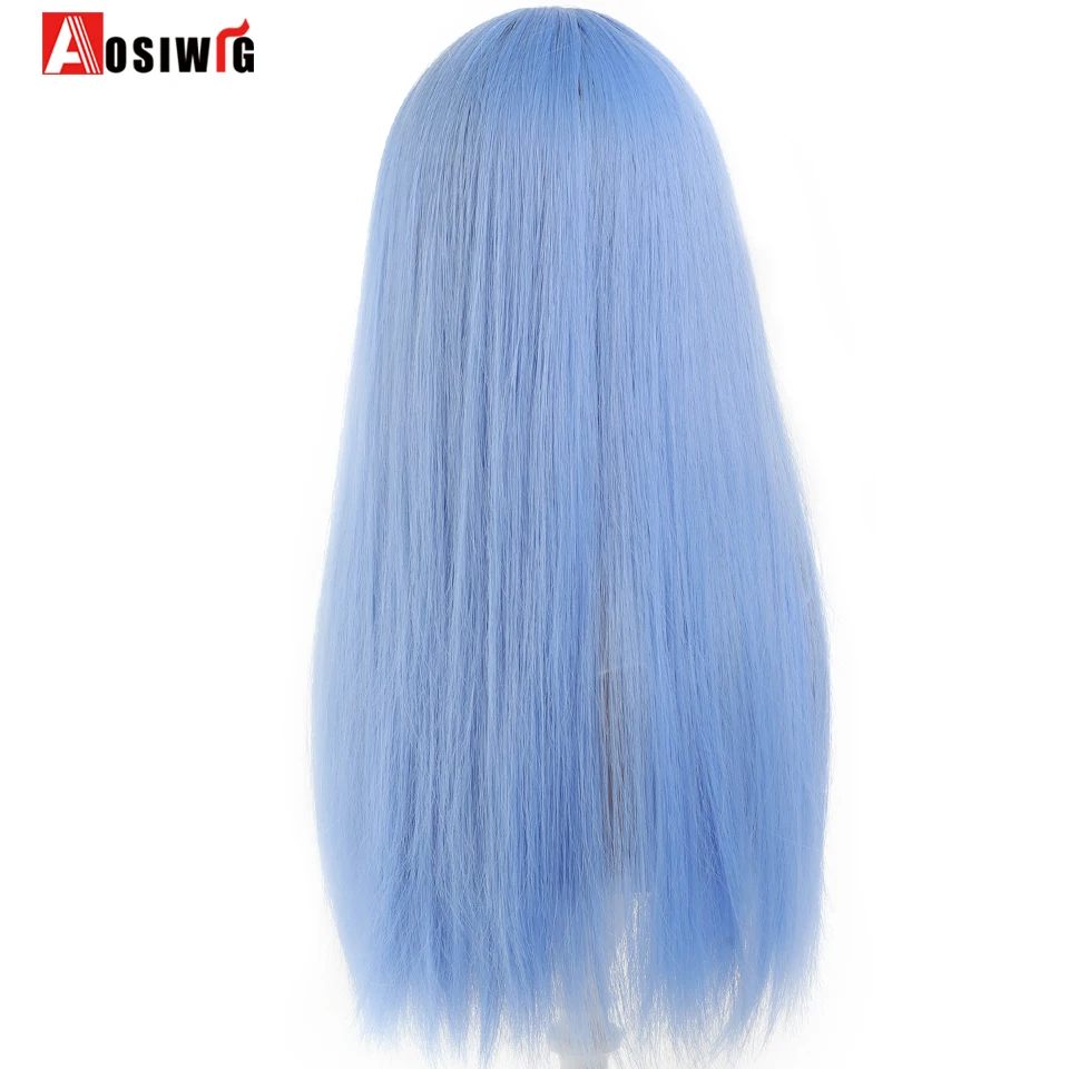 Long Straight Synthetic Wigs Light Blue with Ash Highlight Cosplay Wig with Bangs for Women Natural Hair Heat Resistant Fiber