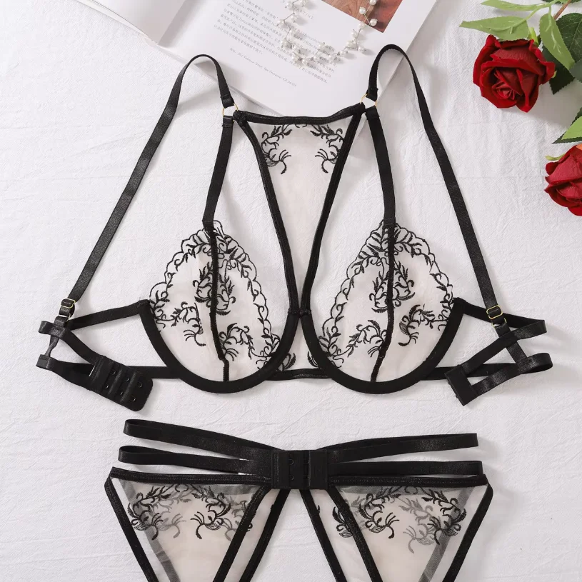 Vrouwen sexy kant erotische set dames dunne doorzichtige lingerie bh set elegant perspectief ondergoed string set exotische kleding