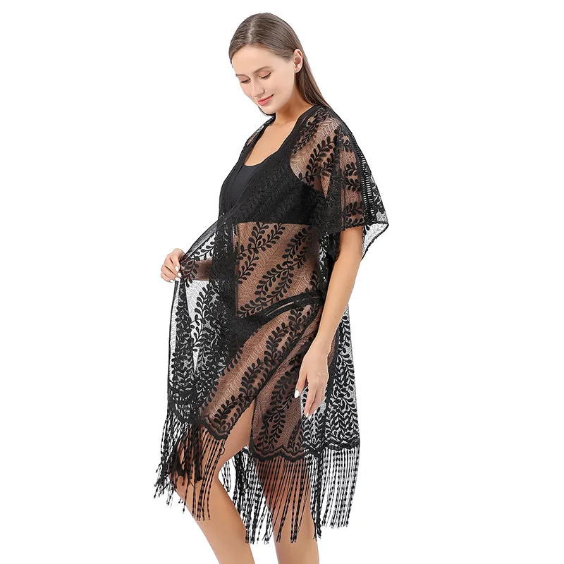 Cross-border  Black Large-size Cardigan, Wicker Lace Sunscreen Clothes, Women's Sexy Beach Wind Bikini Blouse Hollow