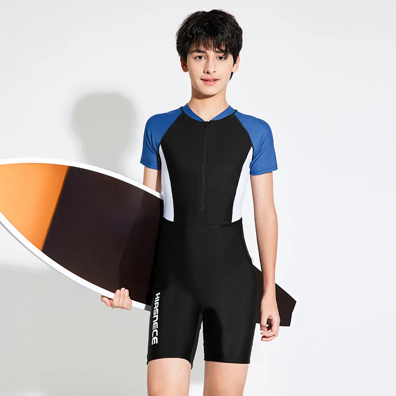 Teenager Boy One Piece Swimsuit Short Sleeves Solid Color Patchwork Kids Bathing Suit Beach Wear 9-16 Years