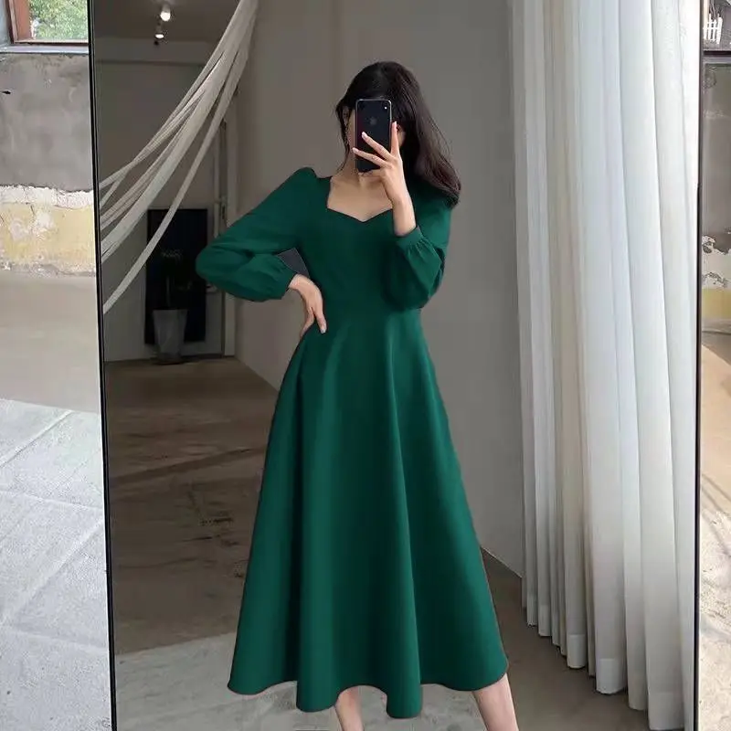 

French Style Vintage Fairycore Sping Dresses Women Solid V-Neck Zipper Temperamen Fashion Loog Sleeve Mid-length A-line Dresses